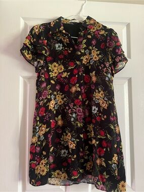 Alice + Olivia Black Floral Short Sleeve Dress with Multicolor Blooms size XS